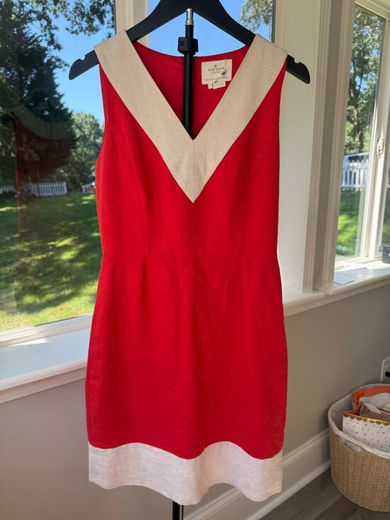 Kate Spade New York Dresses & Skirts - Kate Spade Red Linen Dress Size 6 Ivory V Neck Gold Zip Preppy Nautical